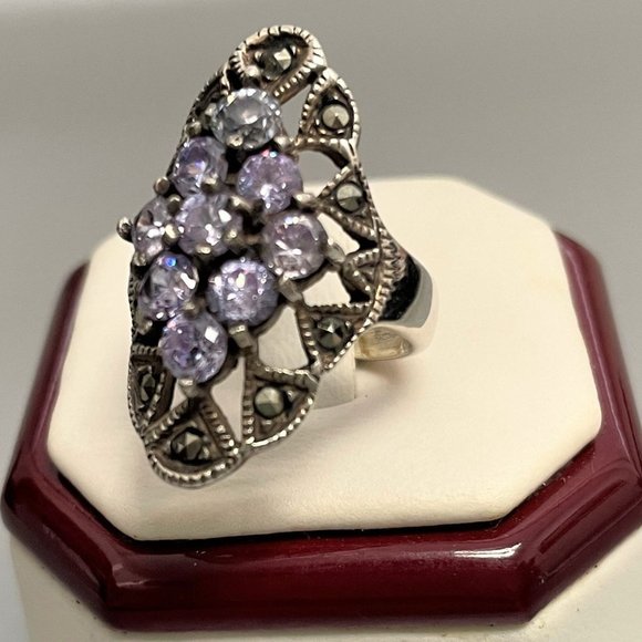 Simulated Tanzanite Marcasite Cluster Large Heavy Cocktail Ring 8 VGC - Picture 1 of 12
